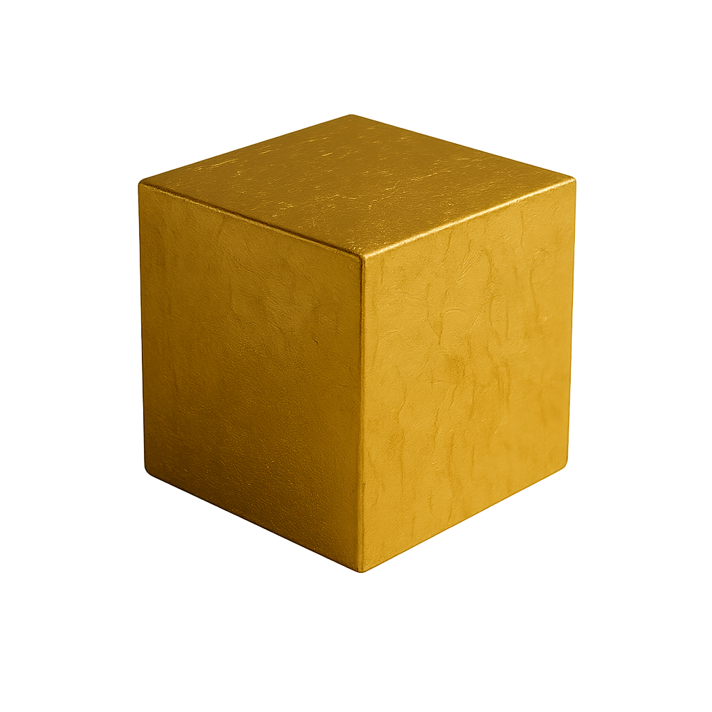 A digitally rendered golden cube representing one of the nine symbolic blocks in amuo’s interactive art performance. The cube’s surface features a warm metallic texture and subtle imperfections, reflecting its unique handcrafted identity.